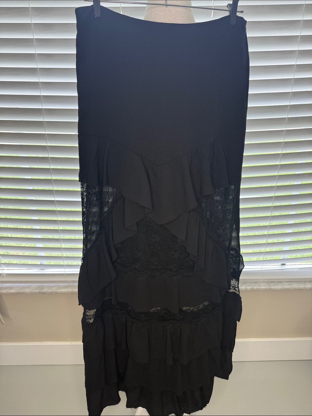 Black Ruffled Lace Midi Skirt